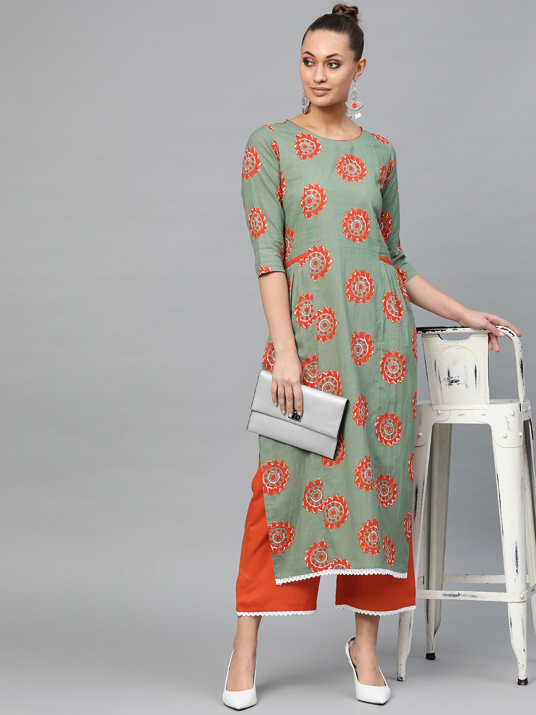 

Indo Era Women Green & Orange Printed Kurta with Palazzos