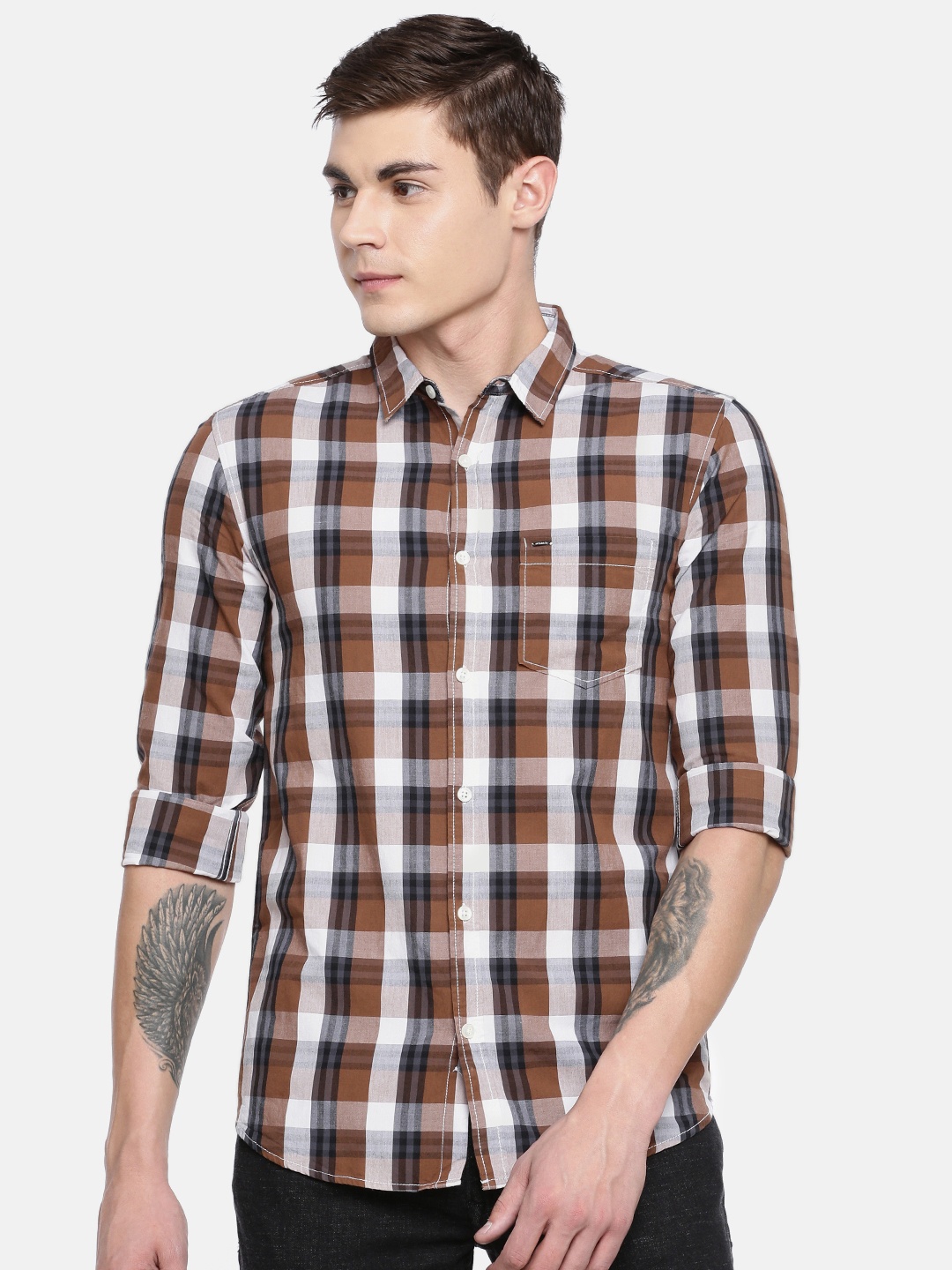 

SPYKAR Men Brown & White Slim Fit Checked Casual Shirt