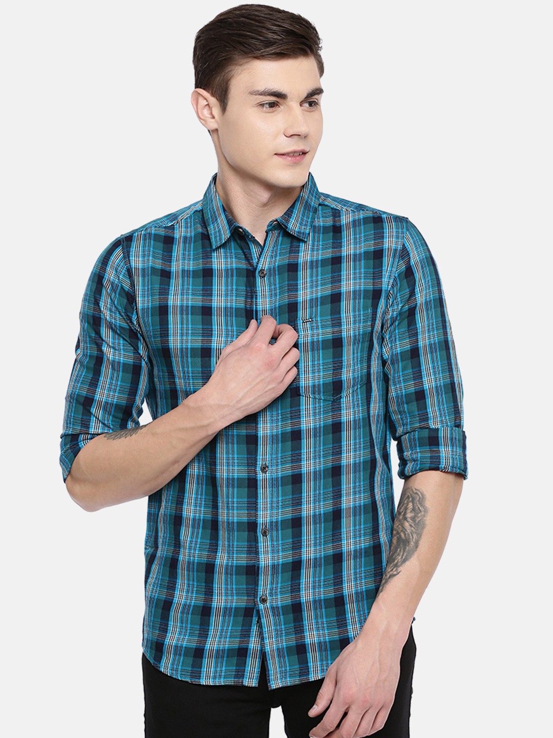 

SPYKAR Men Blue & Teal Green Purist Slim Fit Checked Casual Shirt
