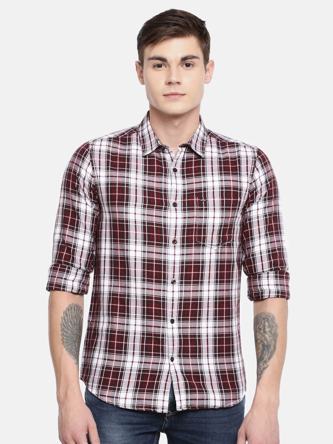 

SPYKAR Men Maroon & White Slim Fit Checked Casual Shirt