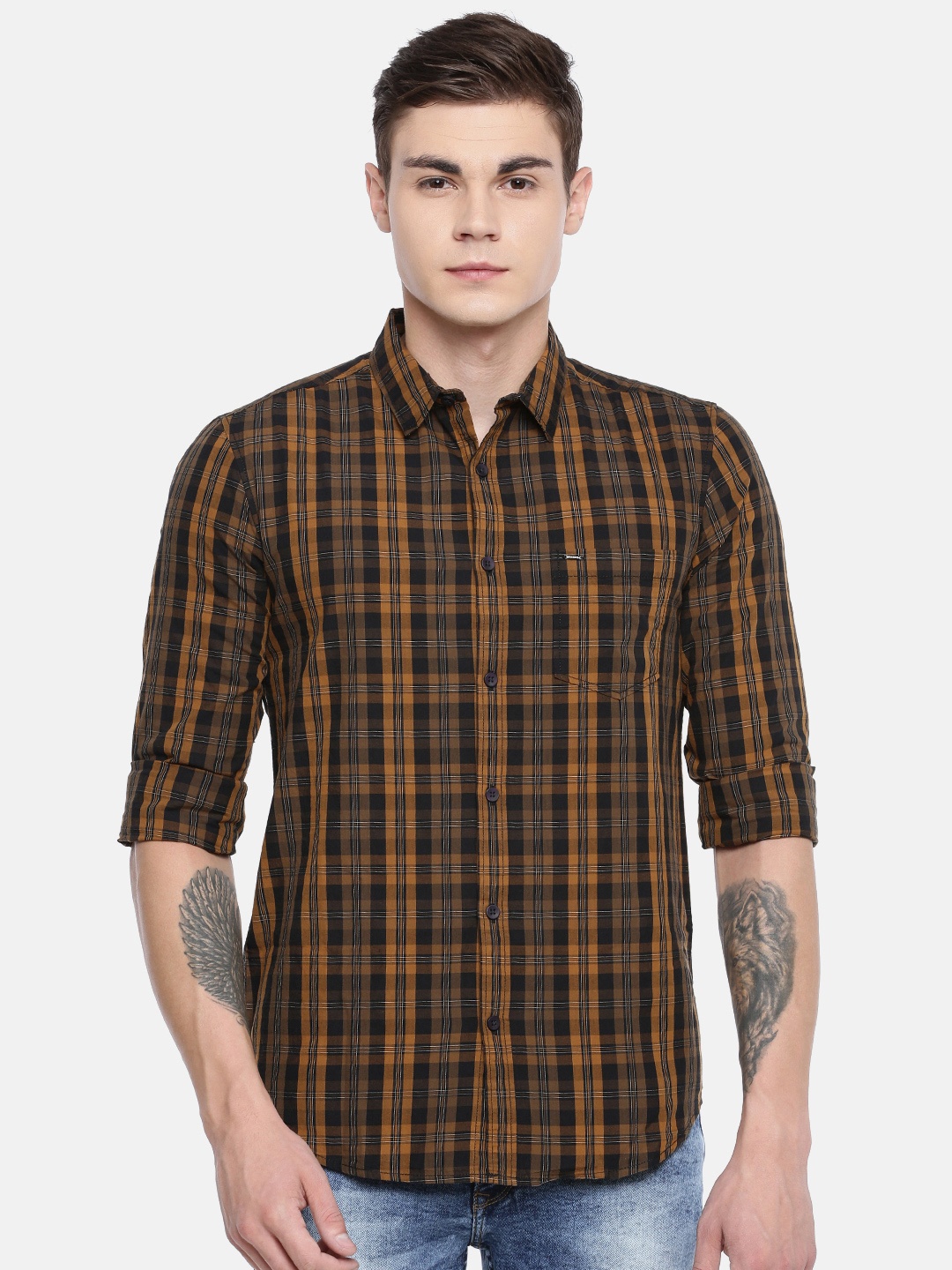 

SPYKAR Men Khaki & Black Purist Slim Fit Checked Casual Shirt