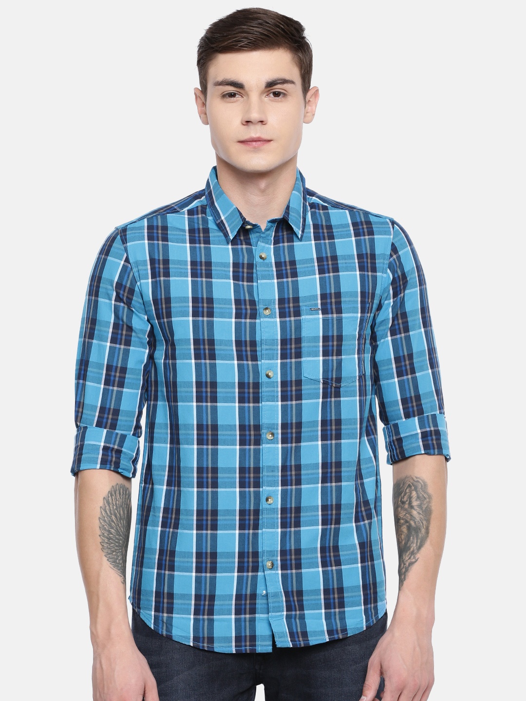 

SPYKAR Men Blue & White Slim Fit Checked Casual Shirt