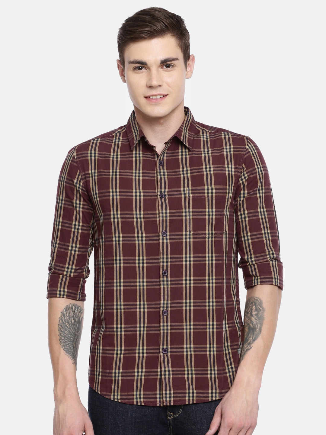 

SPYKAR Men Burgundy & Navy Blue Slim Fit Checked Casual Shirt