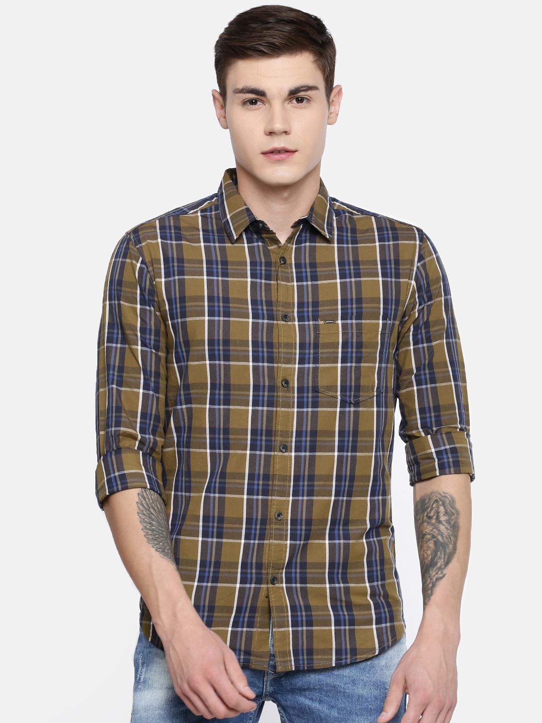 

SPYKAR Men Khaki & Blue Slim Fit Checked Casual Shirt