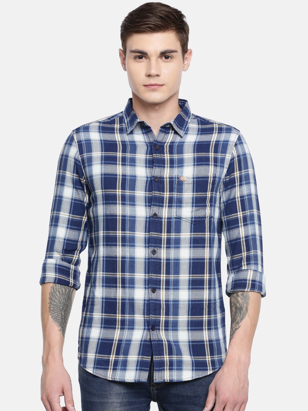 

SPYKAR Men Blue & White Slim Fit Checked Casual Shirt