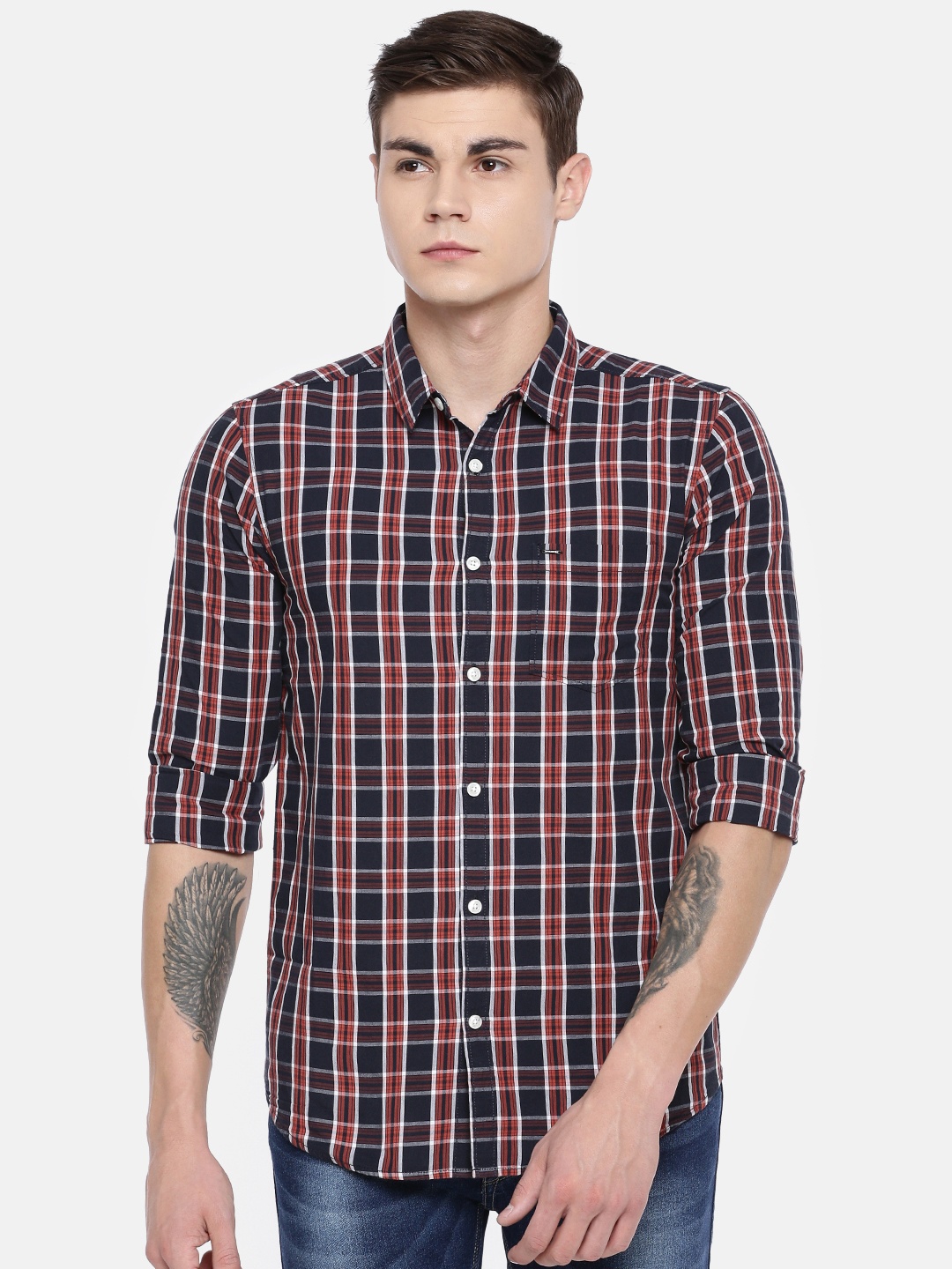 

SPYKAR Men Navy & Red Slim Fit Checked Casual Shirt, Navy blue