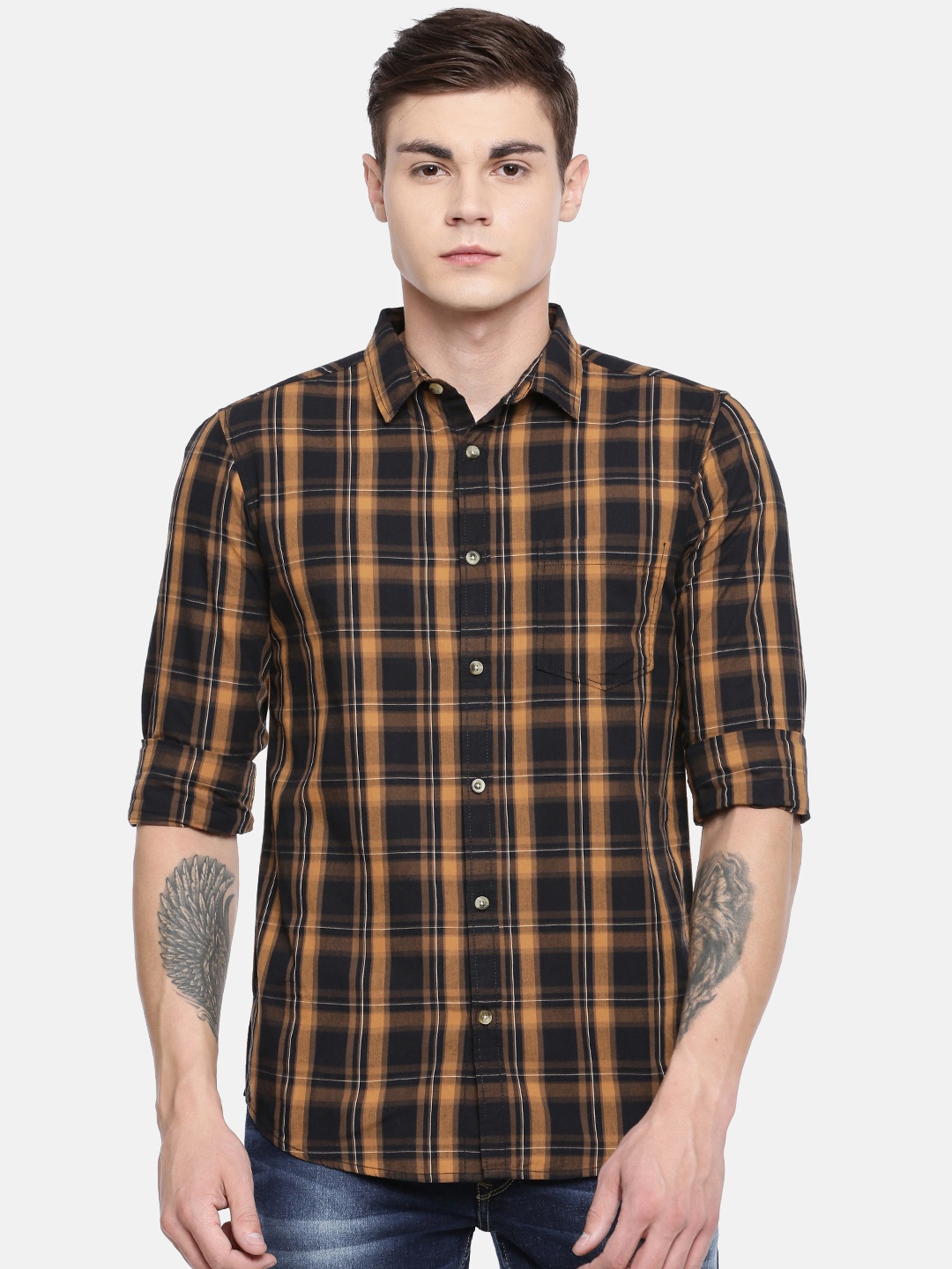 

SPYKAR Men Black & Mustard Yellow Checked Slim Fit Casual Shirt