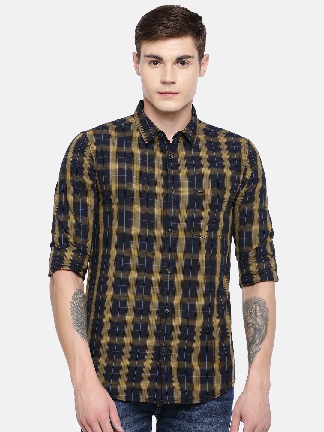 

SPYKAR Men Black & Khaki Slim Fit Checked Casual Shirt