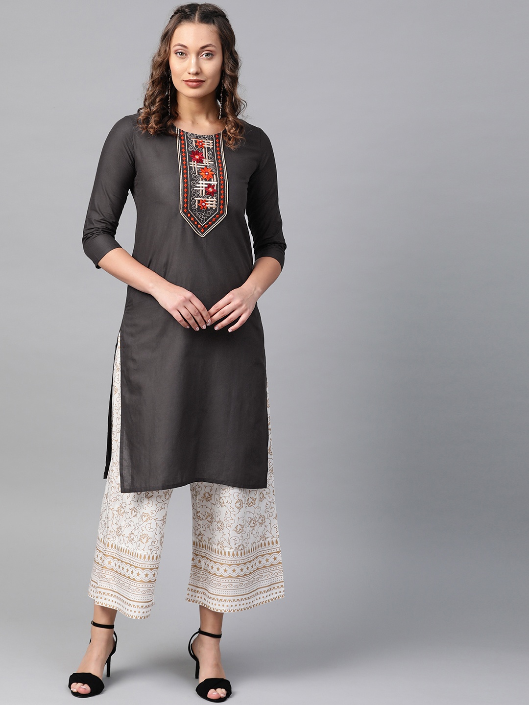 

Anubhutee Women Charcoal Grey Yoke Design Straight Kurta