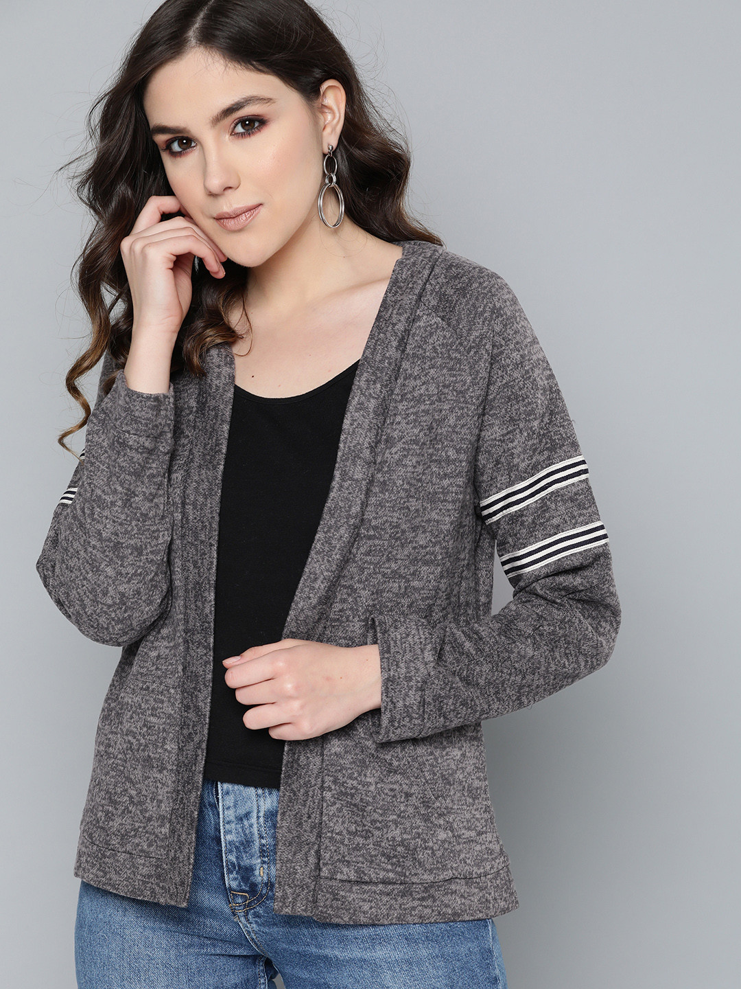 

Carlton London Women Charcoal Grey Self Design Open Front Winter Shrug