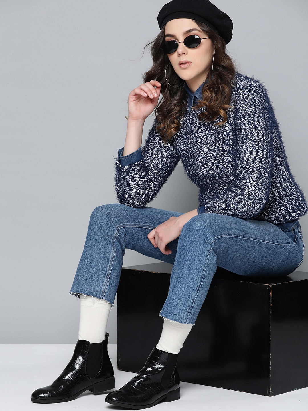 

Carlton London Women Navy Blue & White Solid Sweater