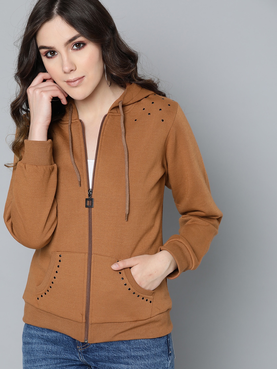 

Carlton London Women Mustard Brown Solid Hooded Sweatshirt