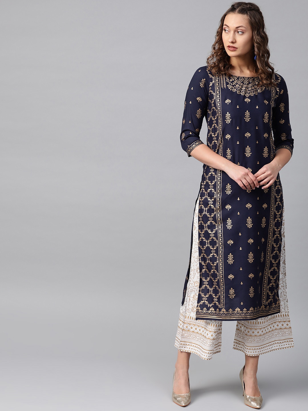 

Anubhutee Navy Blue Foil Print A-Line Viscose Kurta with Palazzos