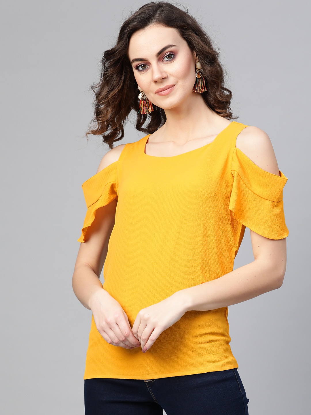 

Pannkh Women Mustard Yellow Solid Cold-Shoulder Top