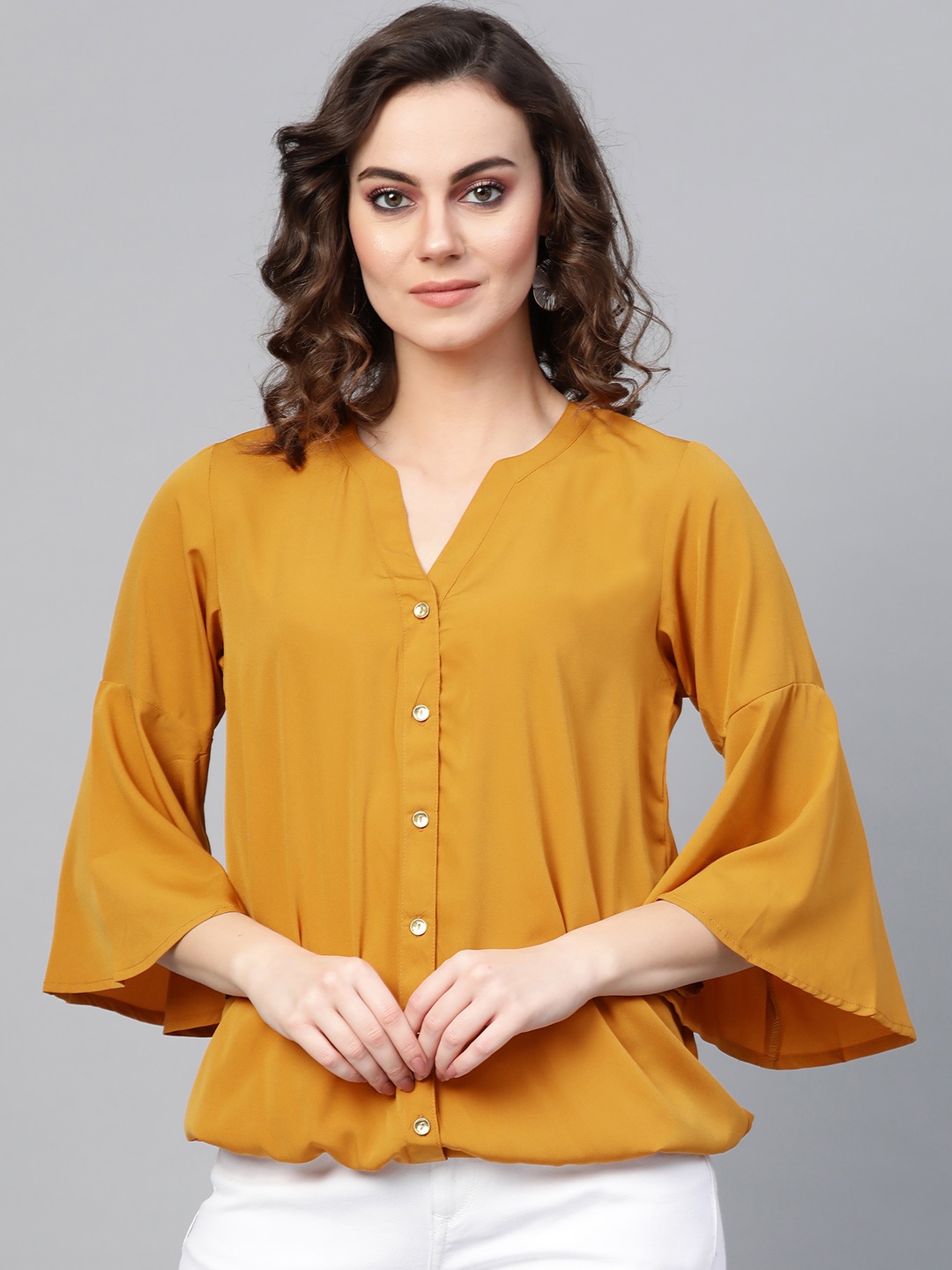 

Pannkh Women Mustard Yellow Solid Blouson Top