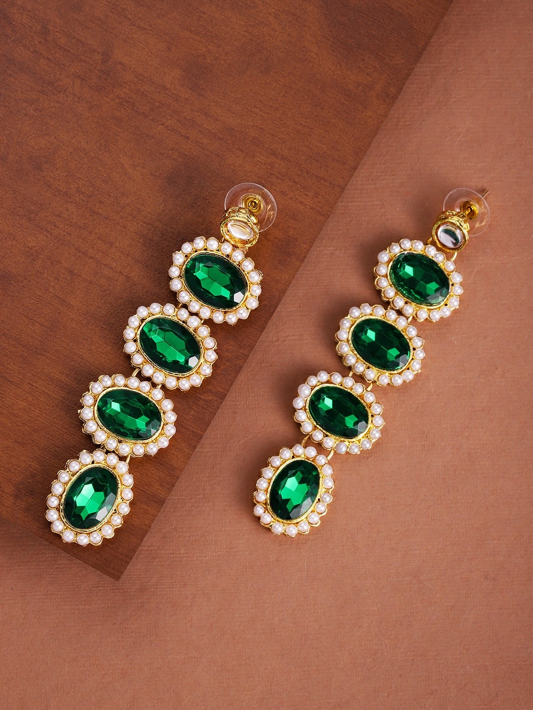 

Zaveri Pearls Gold-Toned & Green Stone Studded Drop Earrings