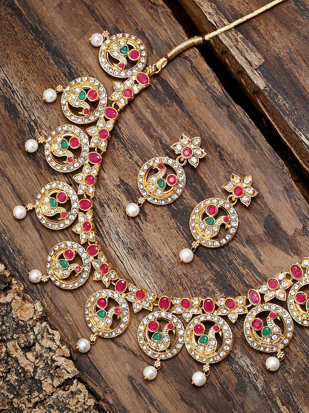 

Zaveri Pearls Gold Plated & Red Ethnic Peacock Jewellery Set