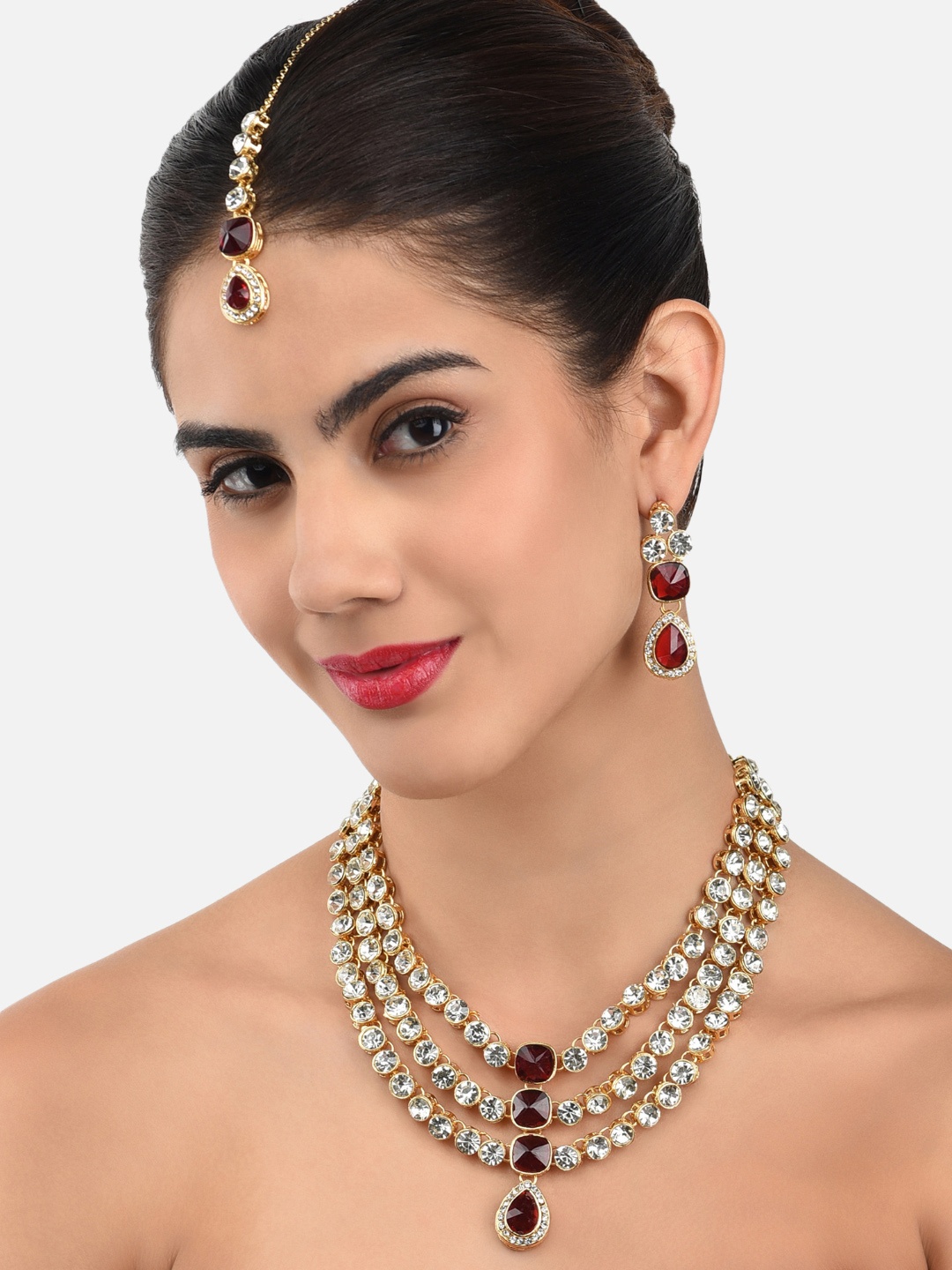 

Zaveri Pearls Gold-Plated & Red Stone Studded Jewellery Set
