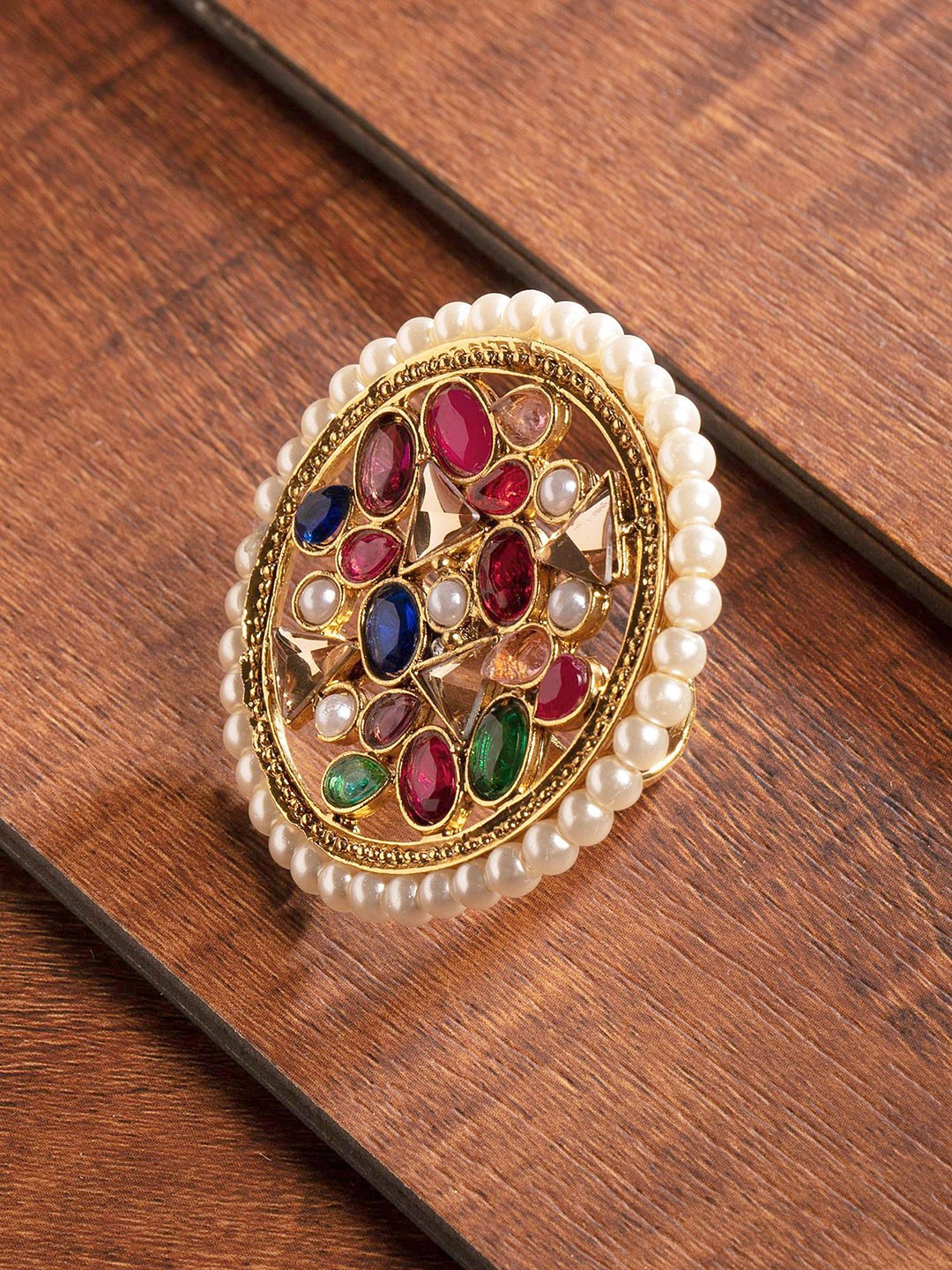 

Zaveri Pearls Gold-Plated Antique Stone Studded Finger Ring