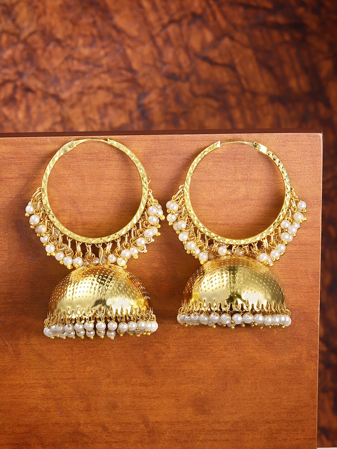 

Zaveri Pearls Gold-Plated Dome Shaped Pearl Studded Jhumkas