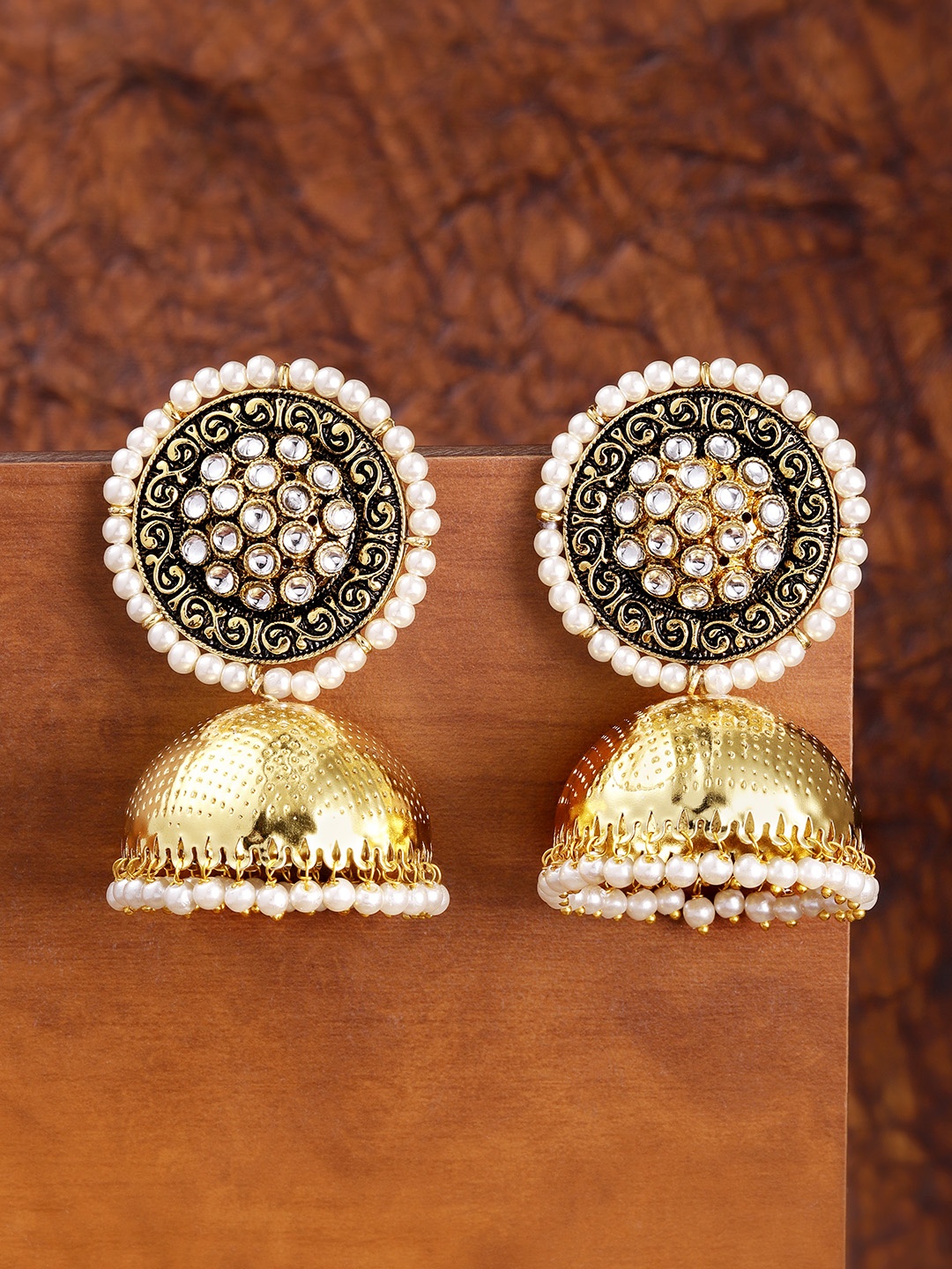 

Zaveri Pearls Gold-Toned Dome Shaped Antique Jhumkas