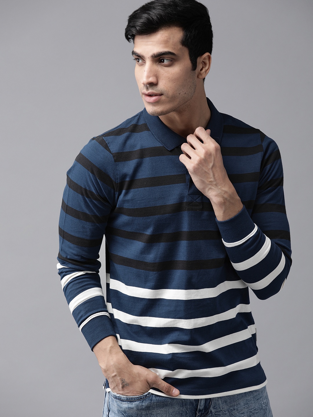 

The Roadster Lifestyle Co Men Navy Blue White Striped Polo Collar Pure Cotton T-shirt