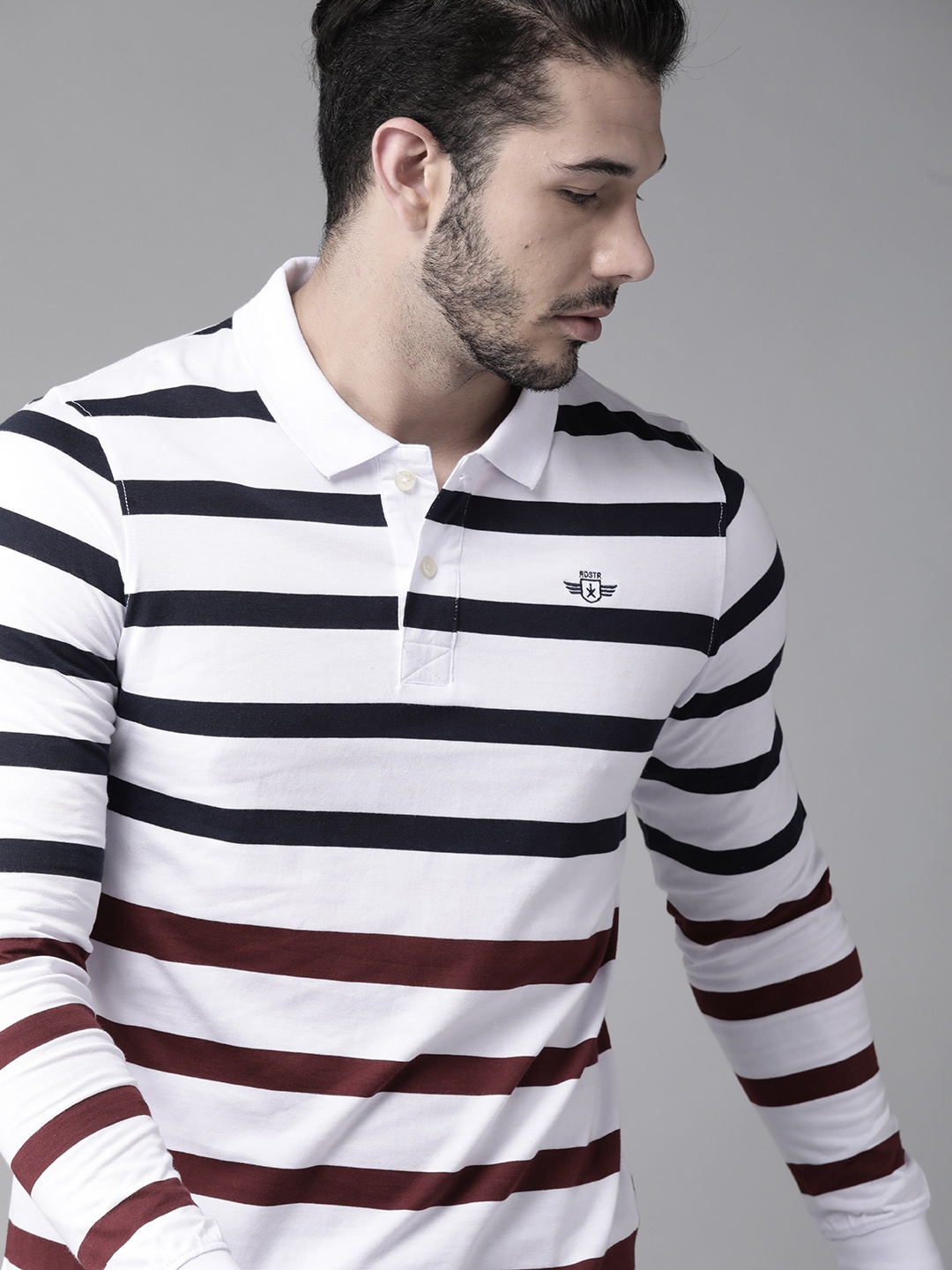 

Roadster Men White & Navy Blue Striped Polo Collar T-shirt