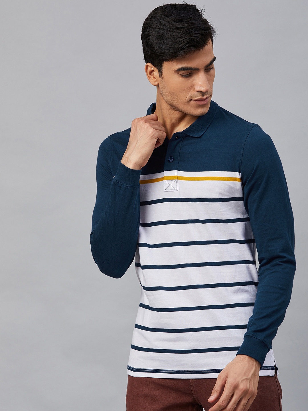 

The Roadster Lifestyle Co Men White and Navy Striped Polo Collar Pure Cotton T-shirt