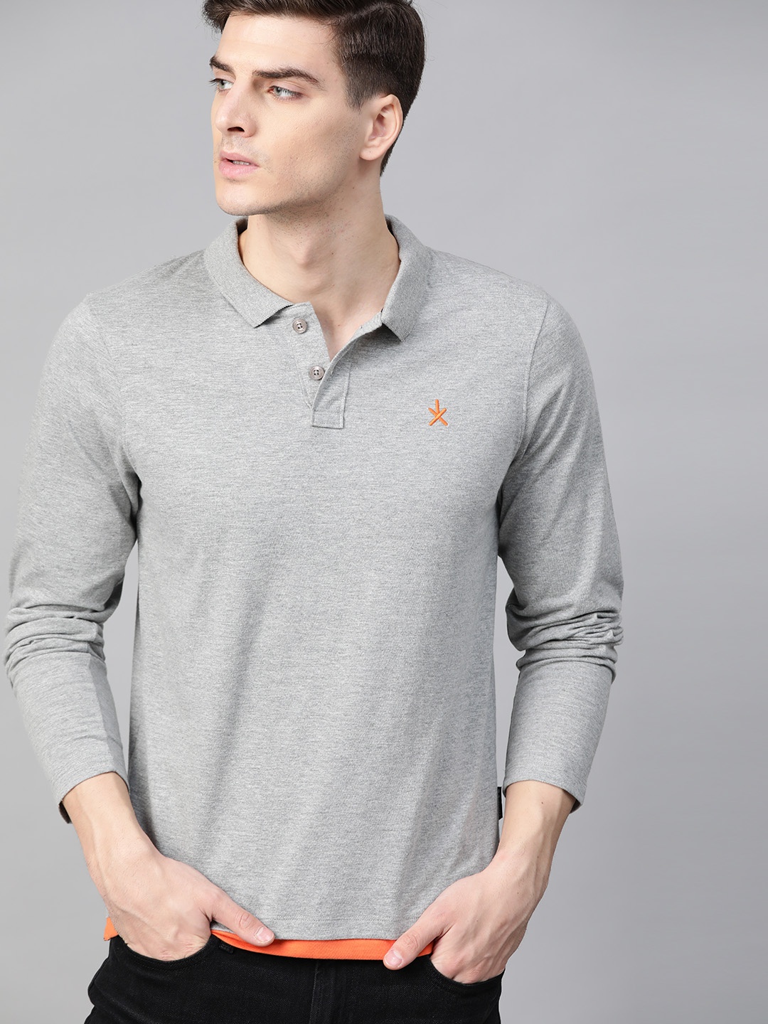 

The Roadster Lifestyle Co Men Grey Melange Solid Polo Collar T-shirt