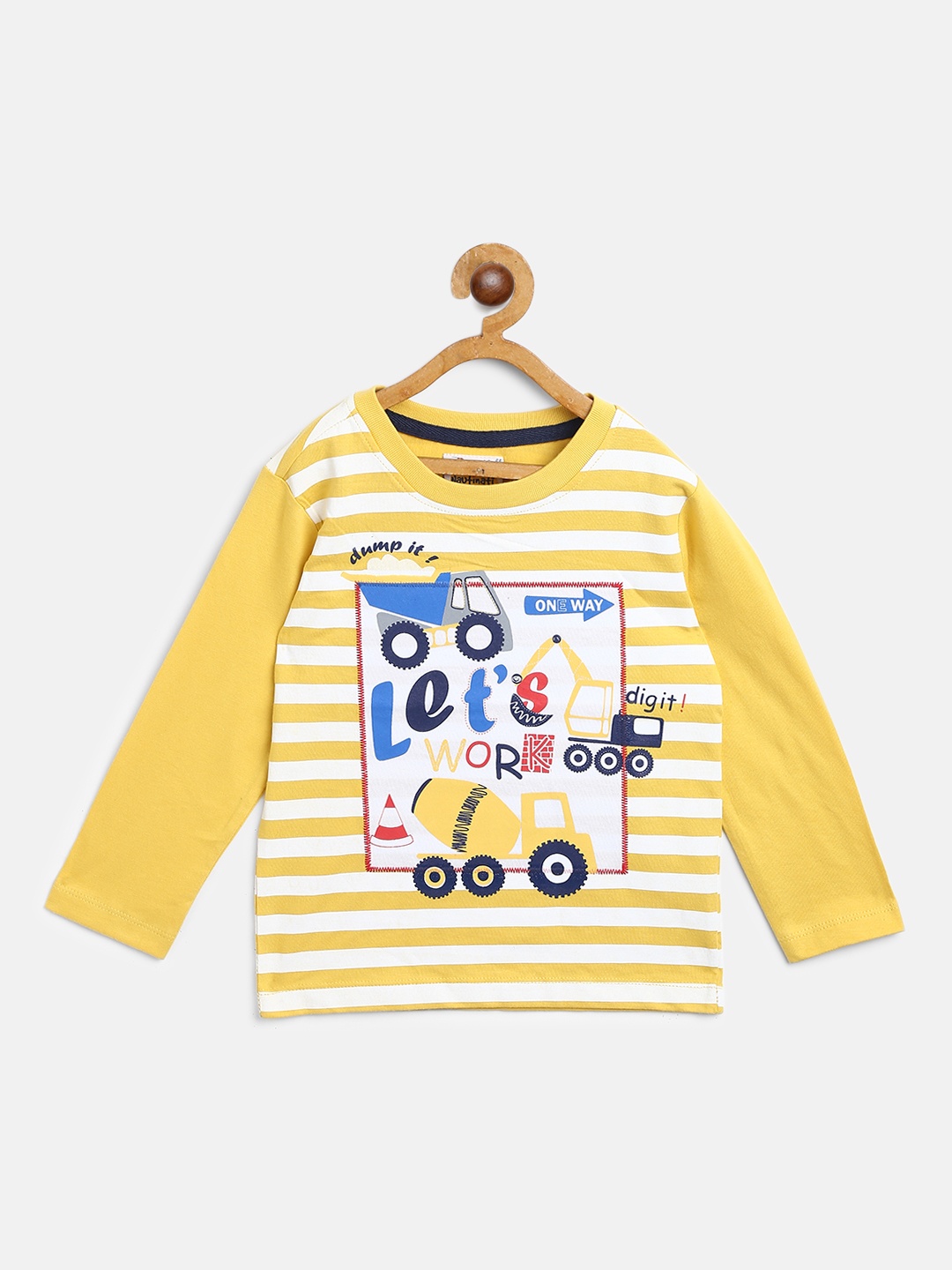 

Nauti Nati Boys Yellow White Striped Round Neck Pure Cotton T-shirt with printed Detail