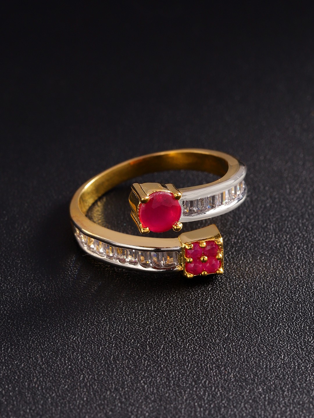 

Priyaasi Pink & Silver-Toned Gold Plated CZ Studded Handcrafted Adjustable Finger Ring