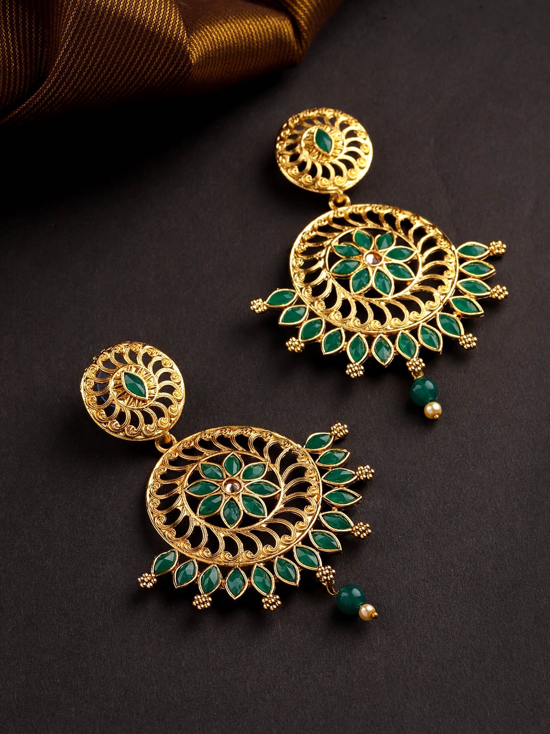 

Priyaasi Green Gold-Plated Handcrafted Stone-Studded Circular Drop Earrings