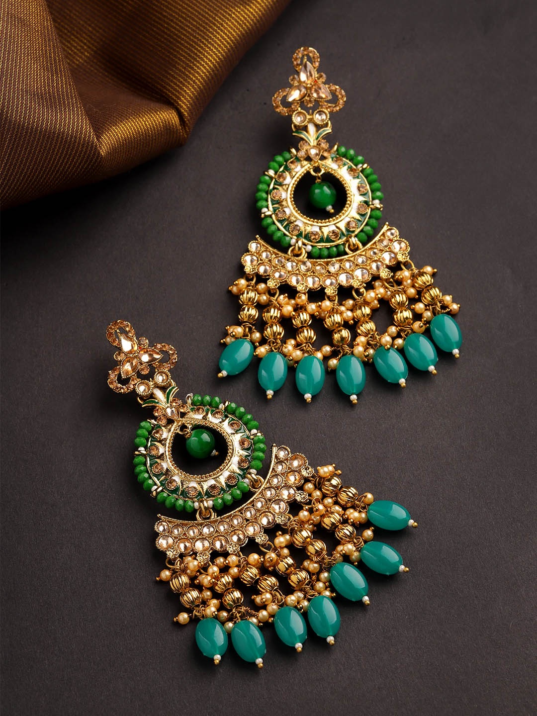 

Priyaasi Green Gold-Plated Stone-Studded Handcrafted Circular Drop Earrings