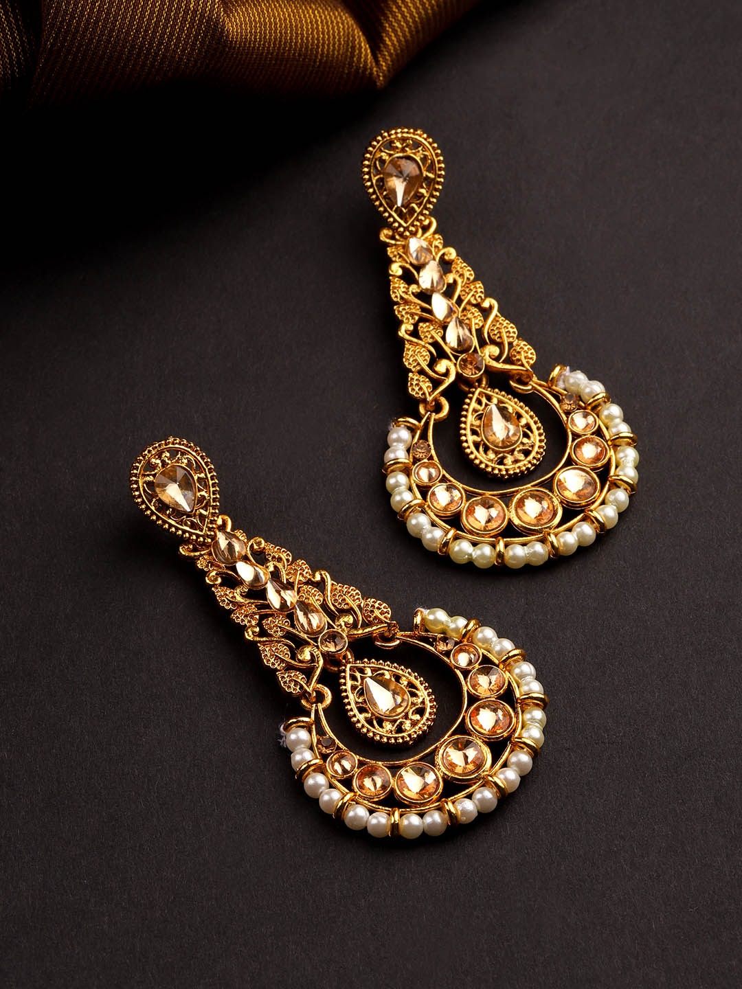

Priyaasi Off-White Gold-Plated Handcrafted Stone-Studded Classic Drop Earrings