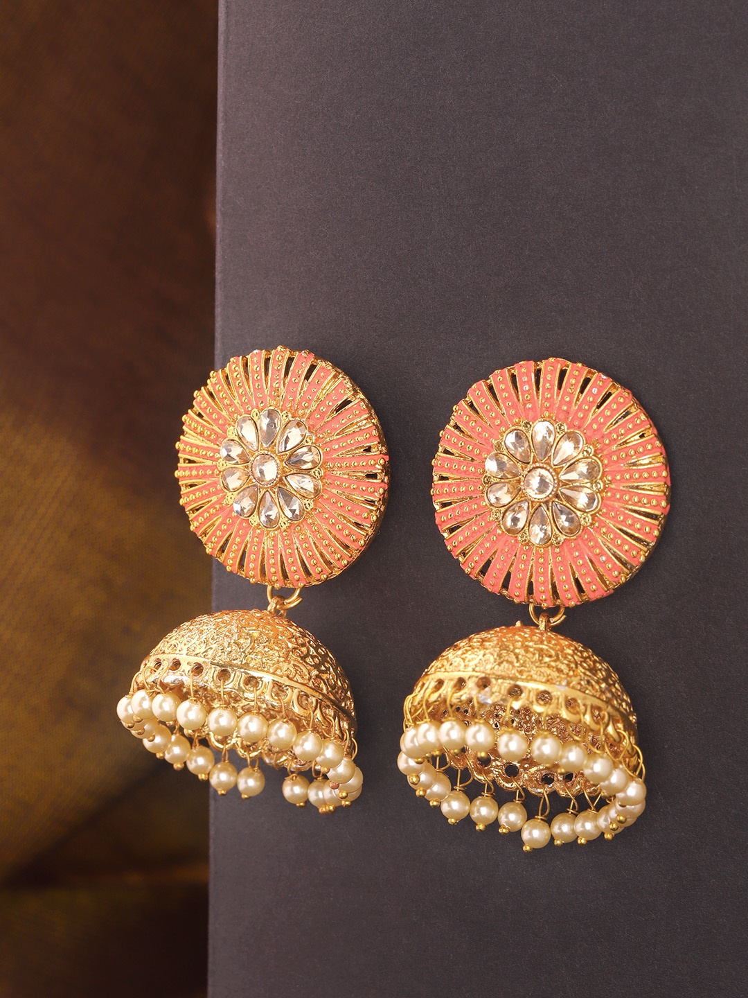 

Priyaasi Coral Pink Gold-Plated Meenakari Kundan-Studded Dome-Shaped Jhumkas