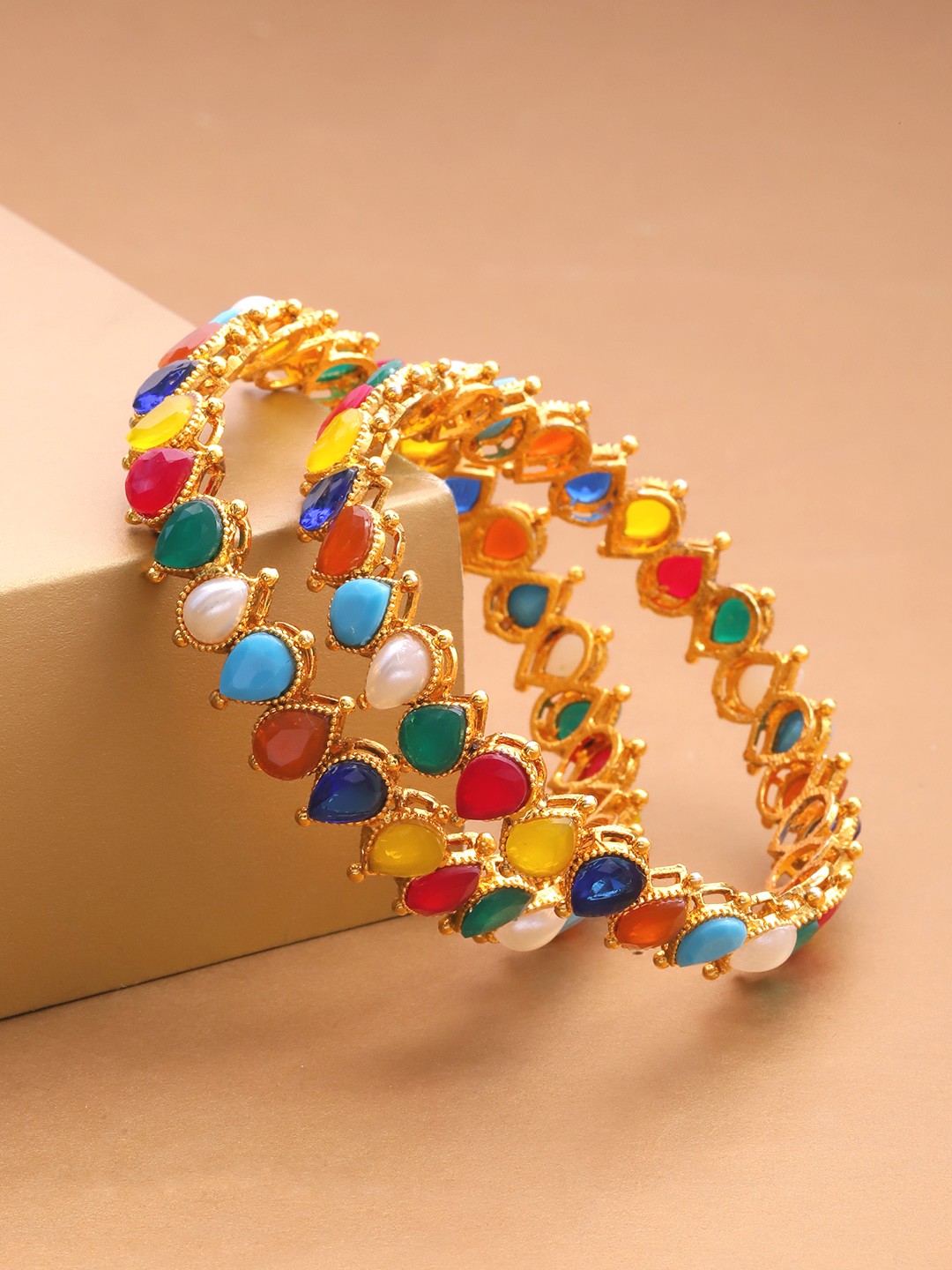 

Priyaasi Set of 2 Multicoloured Gold-Plated Stones-Studded Handcrafted Bangles, Multi