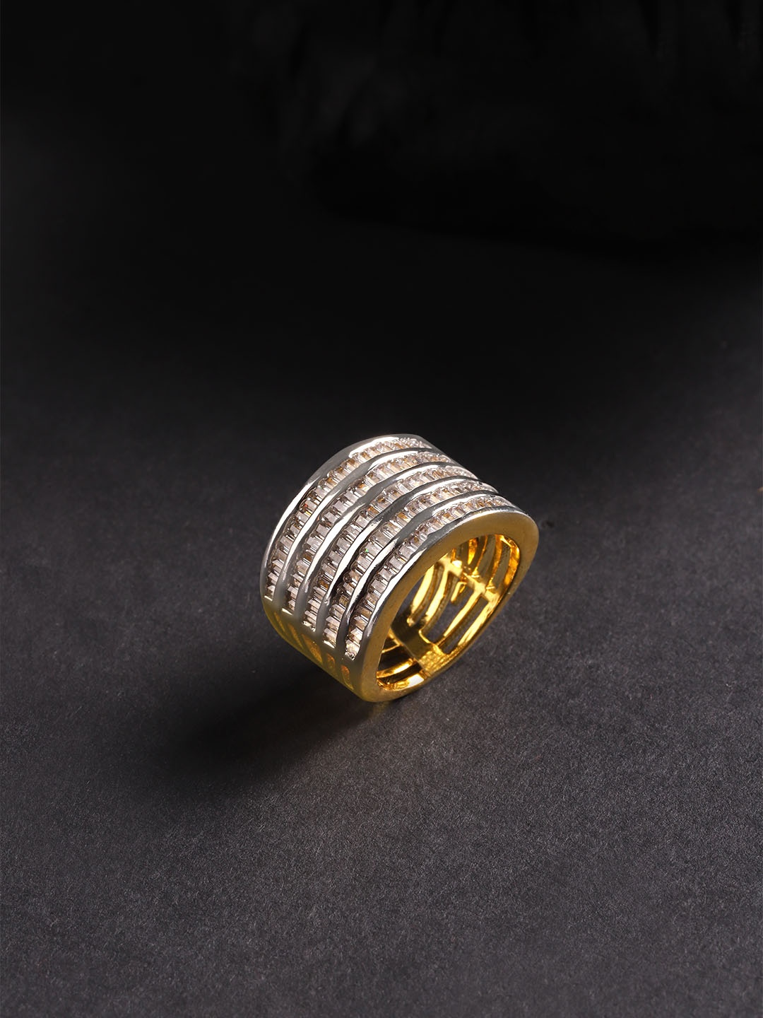 

Priyaasi Silver-Toned Gold-Plated CZ & AD Studded Handcrafted Finger Ring