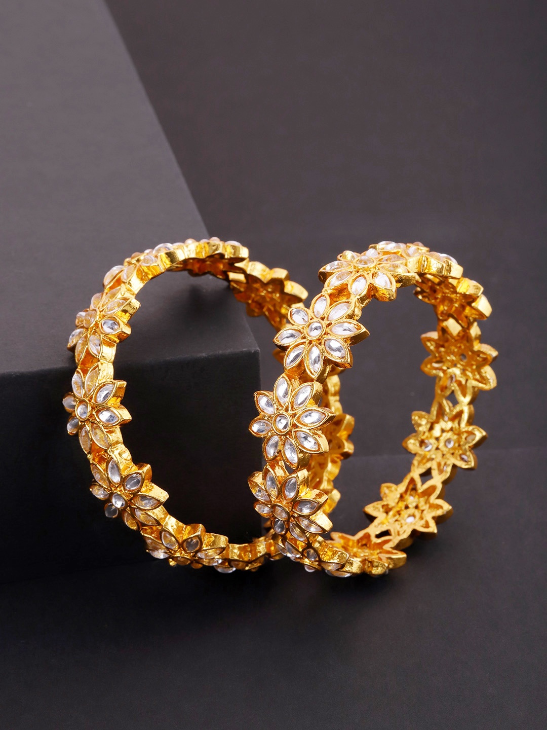 

Priyaasi Set of 2 Gold-Plated Kundan-Studded Floral Handcrafted Bangles