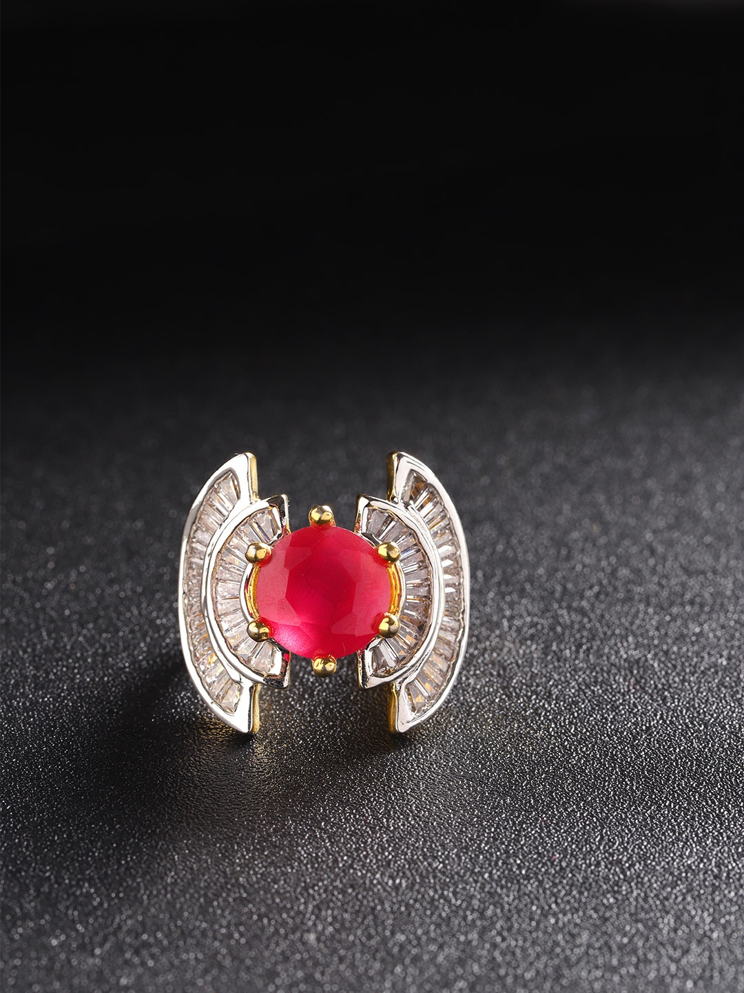 

Priyaasi Pink & Silver-Toned Gold Plated CZ & AD Studded Handcrafted Finger Ring