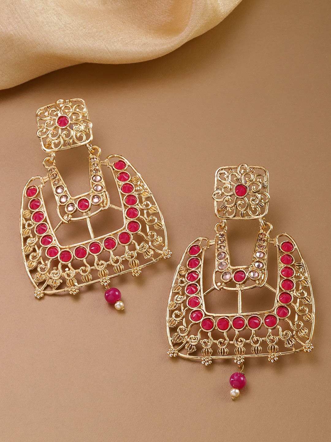 

Priyaasi Magenta Gold-Plated Stone-Studded & Beaded Classic Drop Earrings