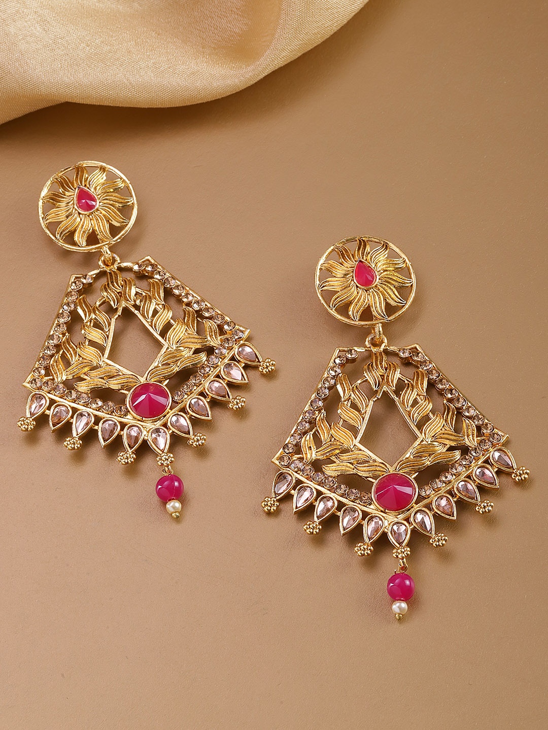 

Priyaasi Magenta Gold-Plated Kundan Studded Classic Drop Earrings