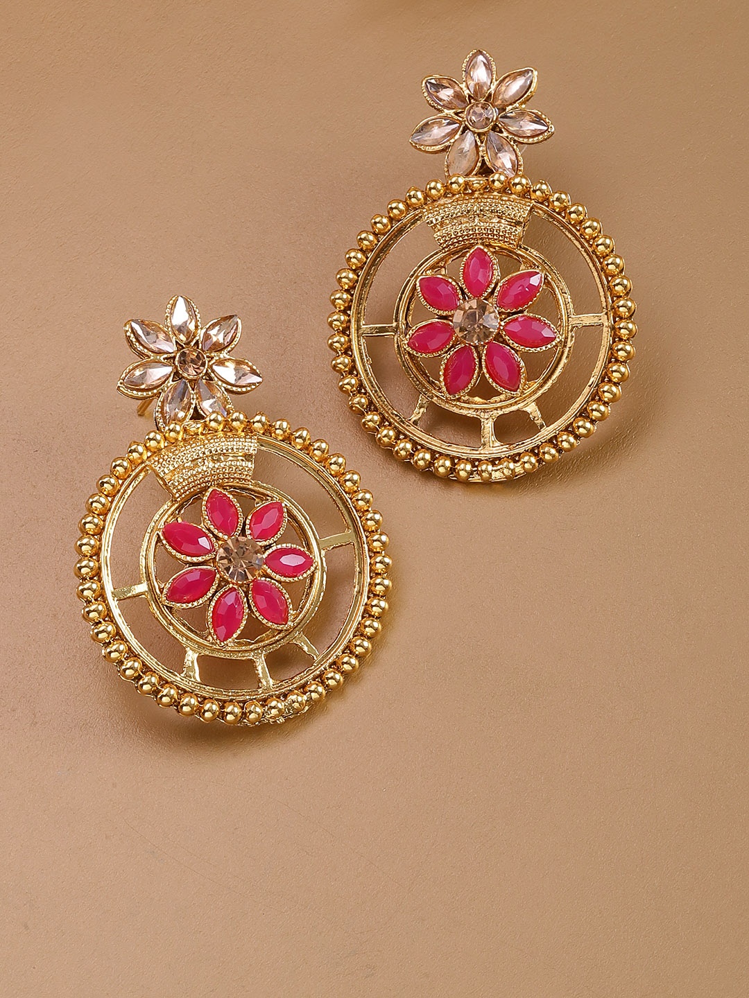 

Priyaasi Pink Gold-Plated Stone-Studded Circular Drop Earrings