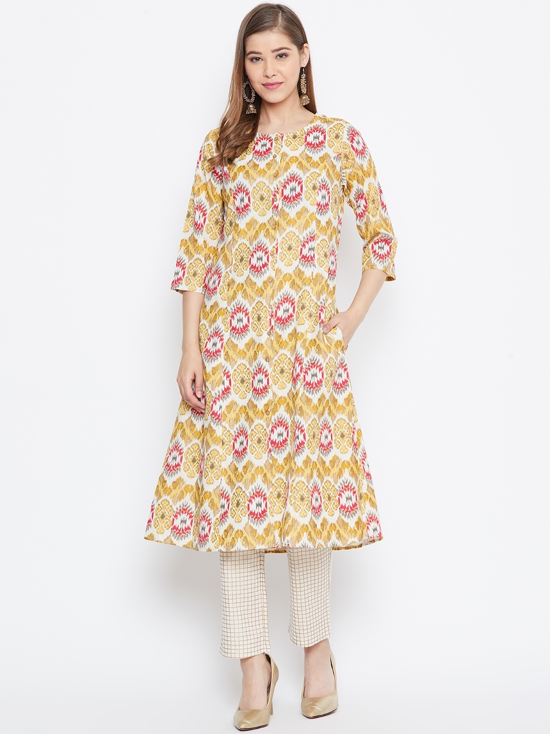 

Be Indi Women Mustard Yellow & Beige Printed Kurta with Trousers