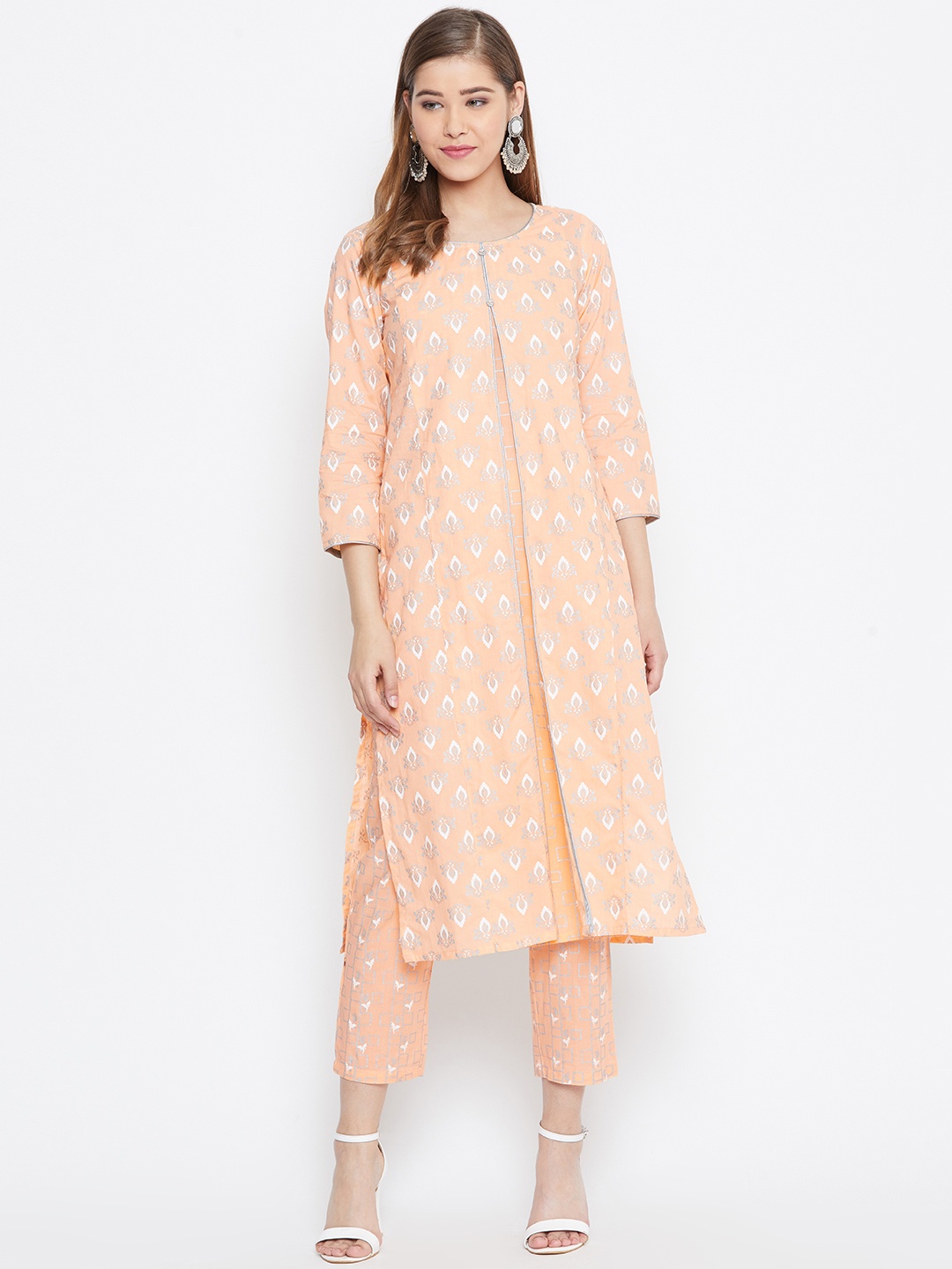 

Be Indi Women Peach-Coloured & Grey Printed Kurta with Trousers