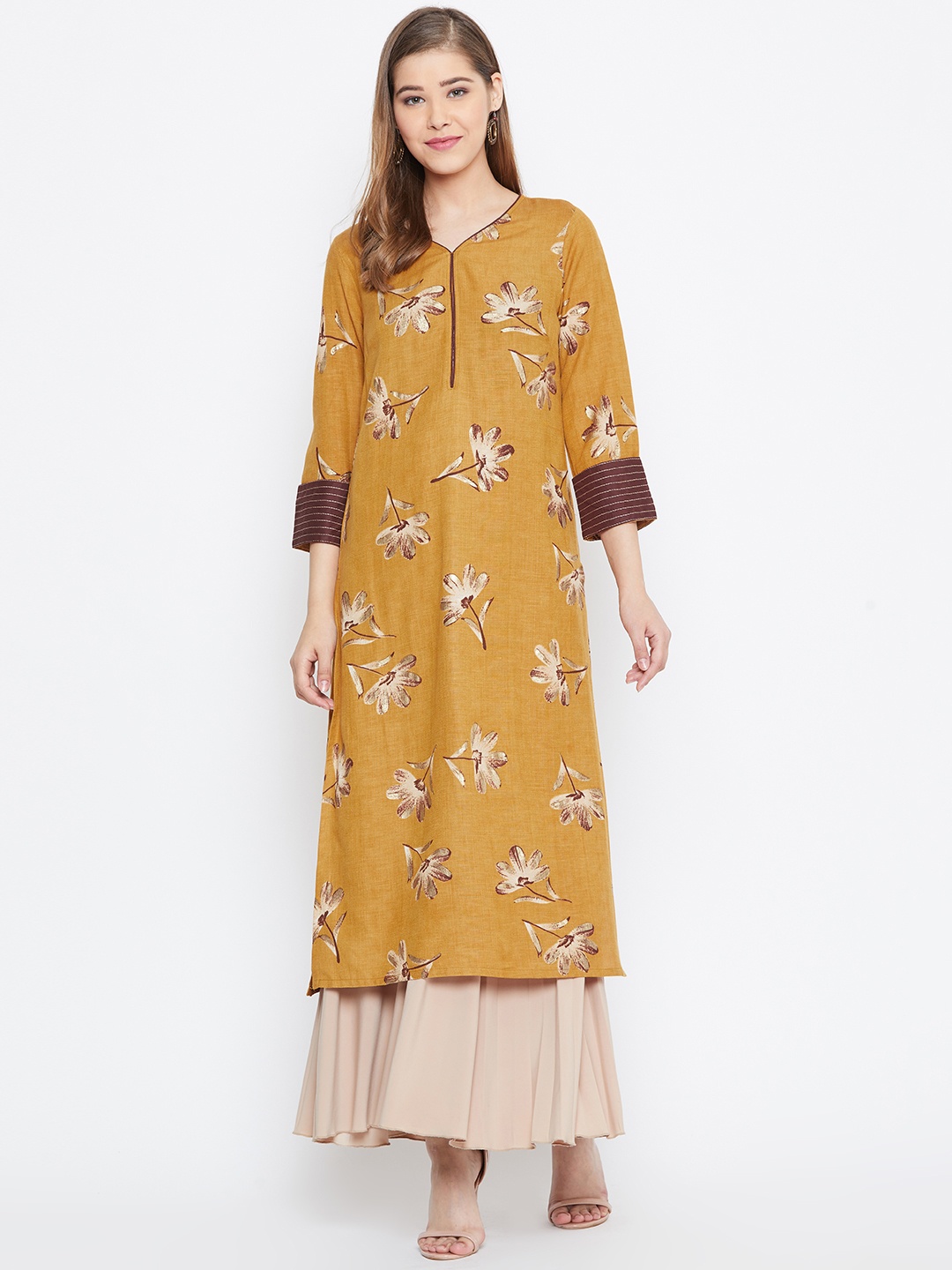 

Be Indi Women Mustard Brown & Beige Printed Straight Kurta