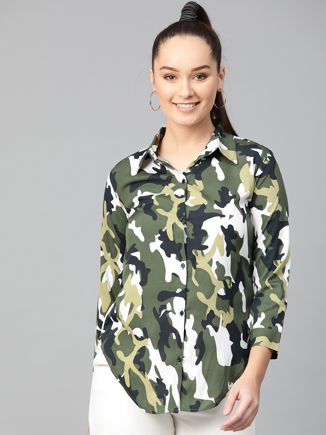 

Zima Leto Women Olive Green & Off-White Camouflage Print Casual Shirt