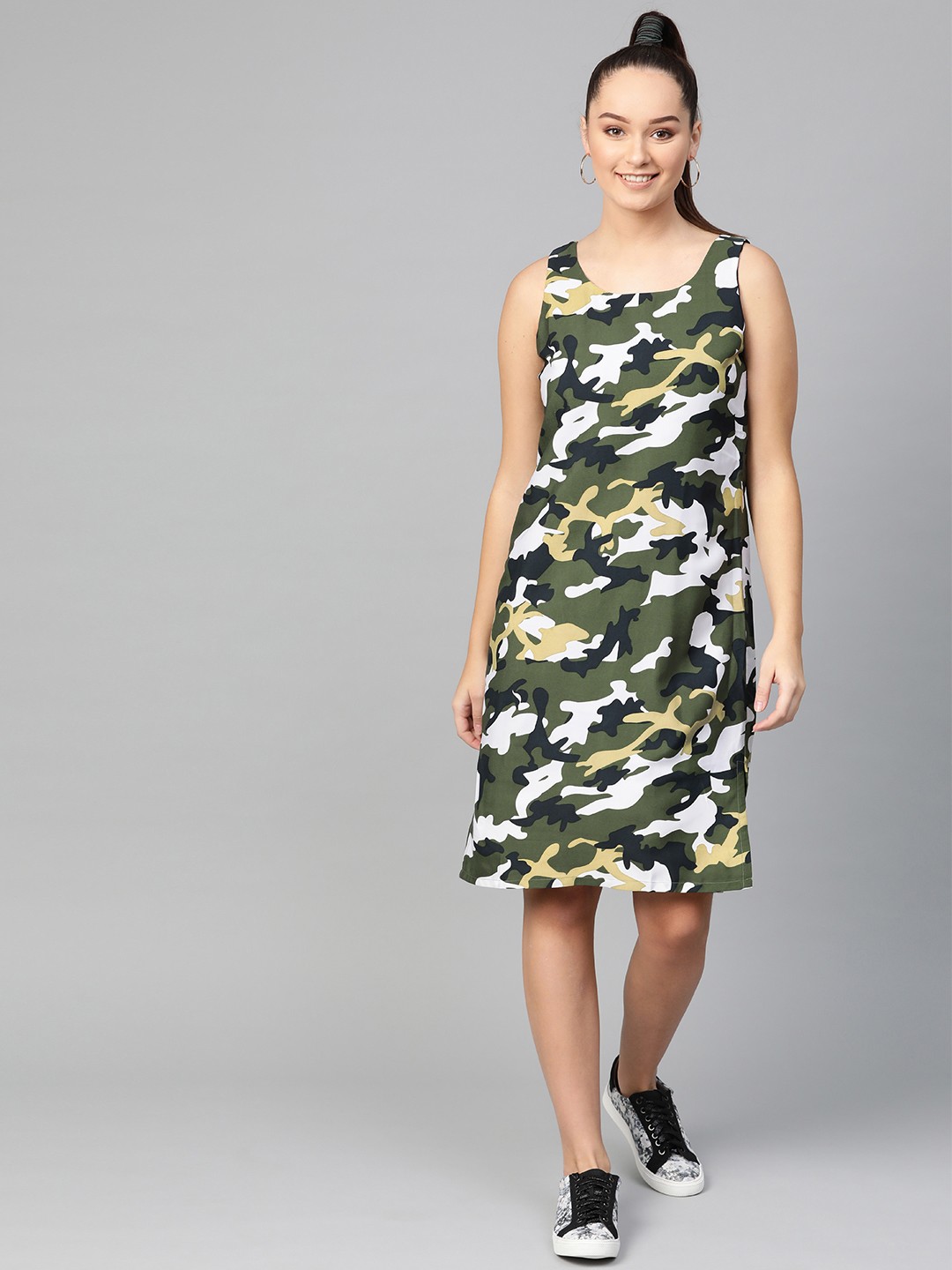 

Zima Leto Women Green & Black Camouflage Print A-Line Dress