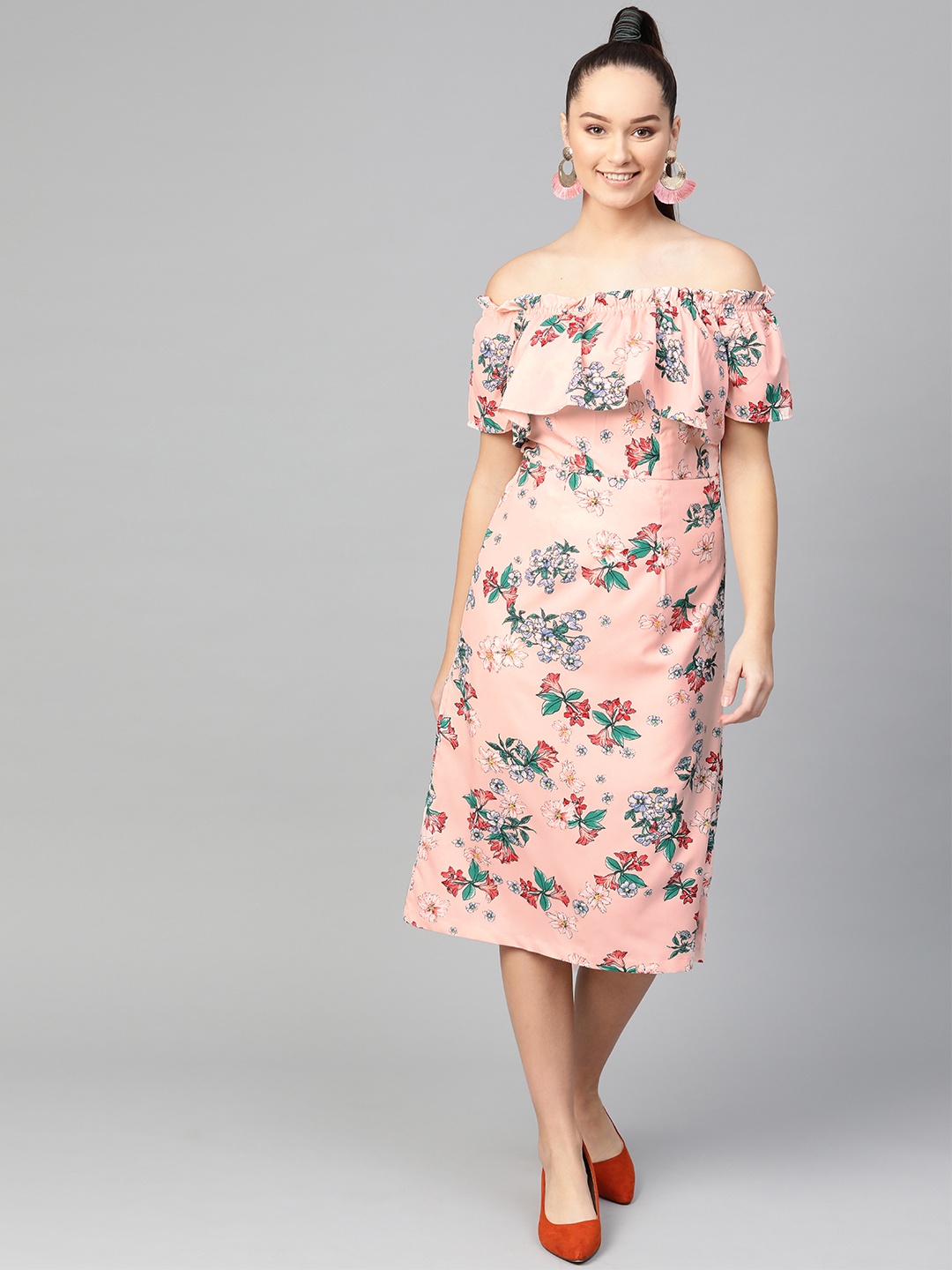 

Zima Leto Women Peach-Coloured & Blue Floral Printed Off-Shoulder A-Line Dress