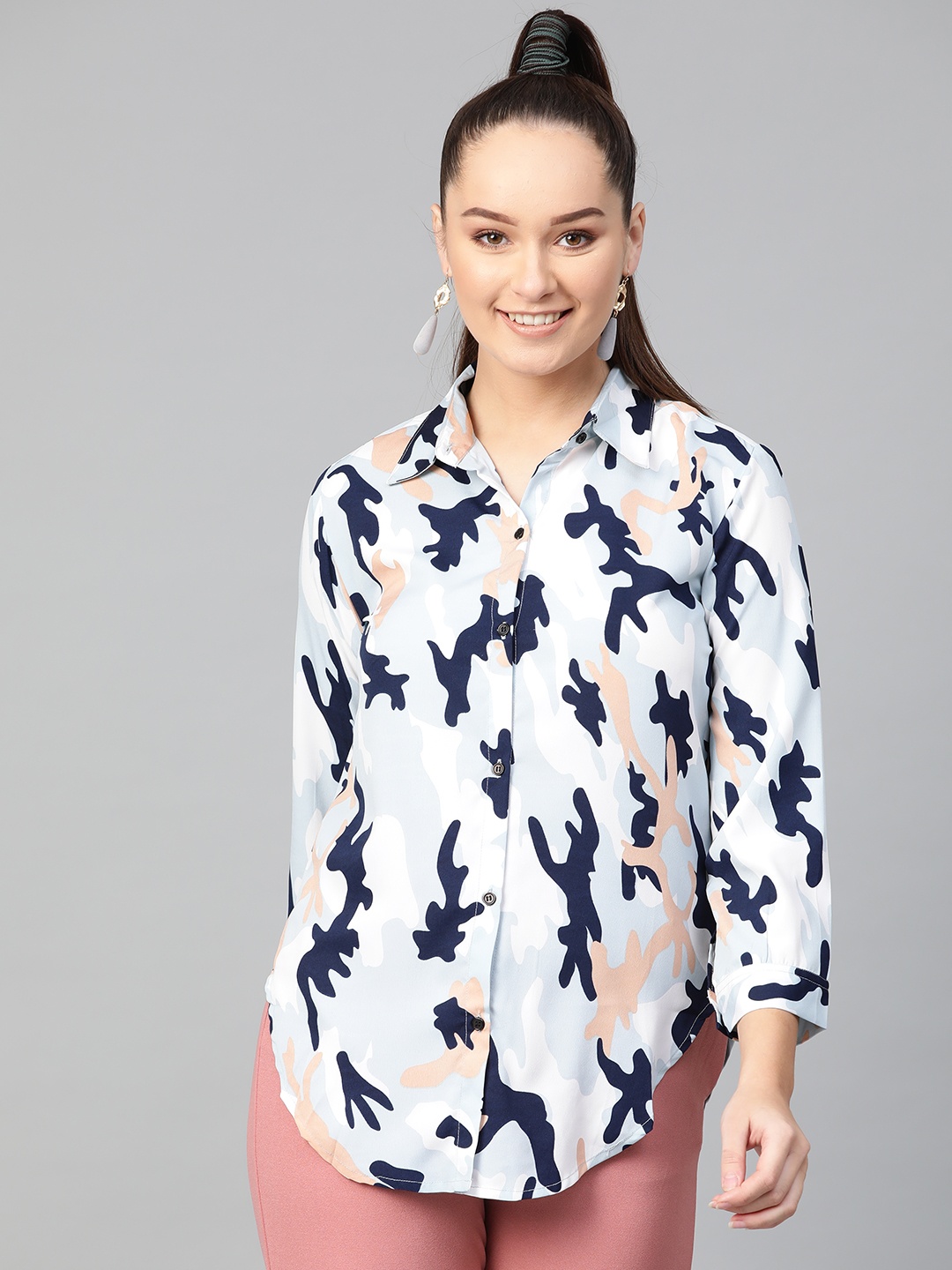 

Zima Leto Women Blue & Off-White Printed Casual Shirt