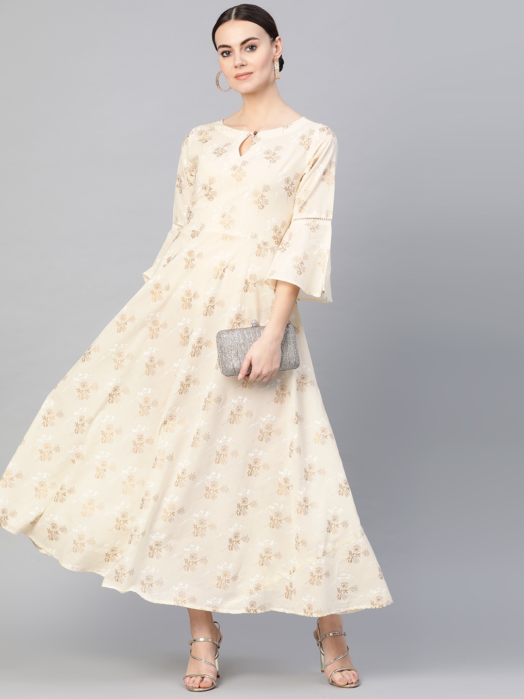 

Yuris Women Cream-Coloured & Golden Printed Maxi Dress